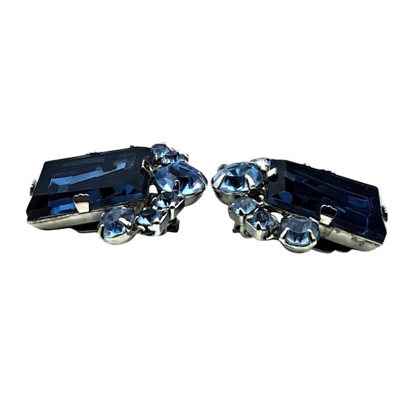 Vintage Blue Rhinestone Earrings Two Tone Blue Checkerboard Clip On Costume Jewe - Picture 6 of 10